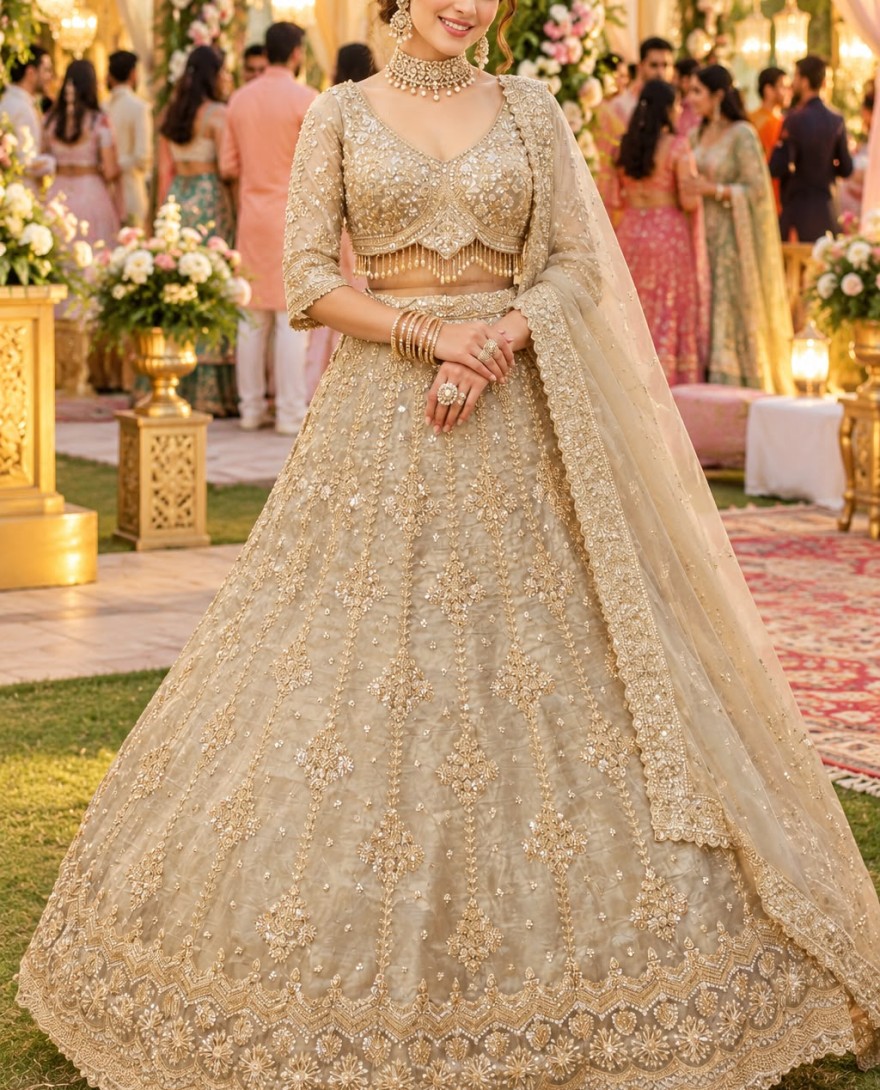 1221 - Beads, Embroidered and Zari Work Fancy Fabric Lehenga Choli In Cream for Engagement